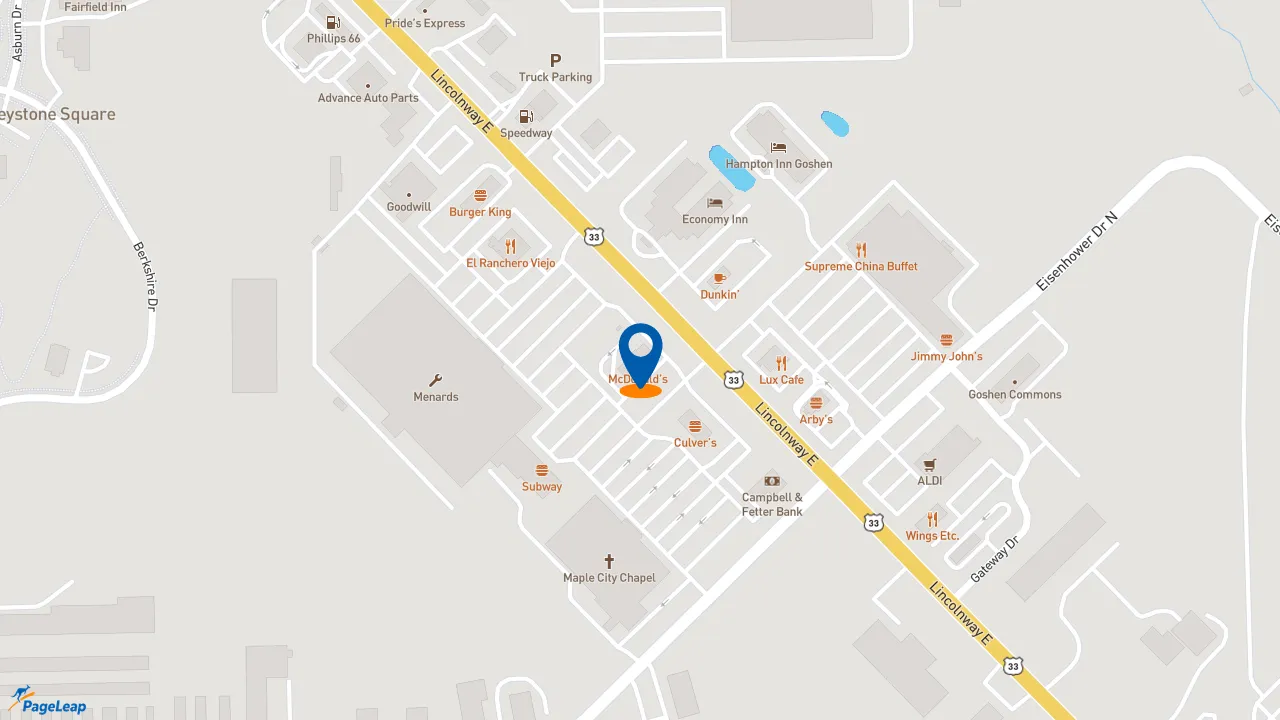 https://pageleap.com map showing location of McDonald&#039;s in Goshen.