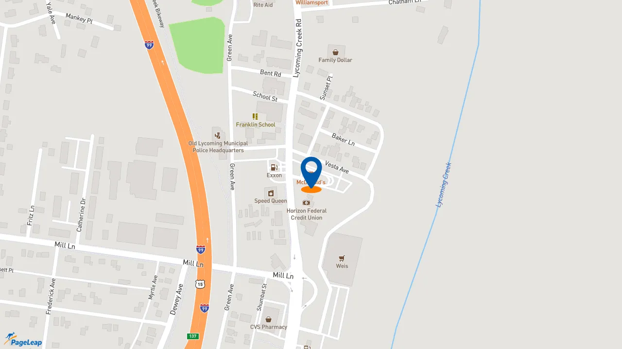 https://pageleap.com map showing location of McDonald&#039;s in Williamsport.