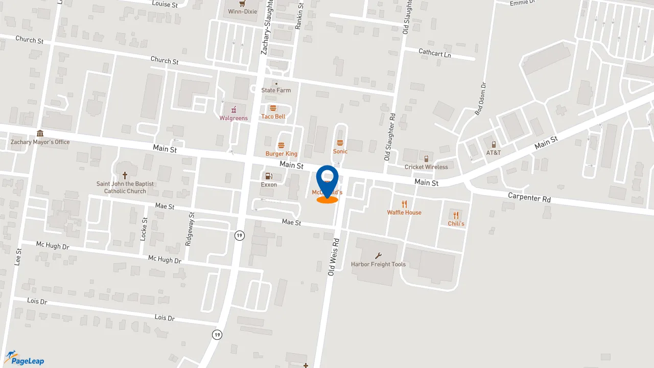 https://pageleap.com map showing location of McDonald&#039;s in Zachary.