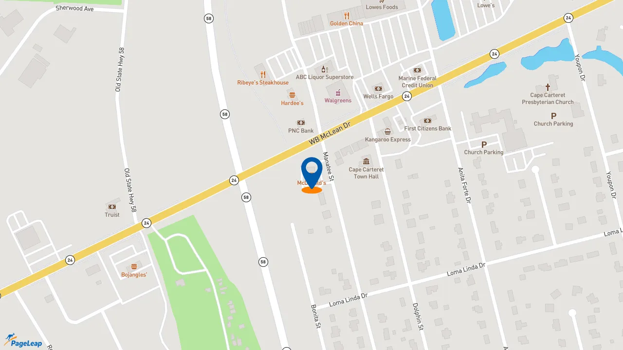 https://pageleap.com map showing location of McDonald&#039;s in Cape Carteret.