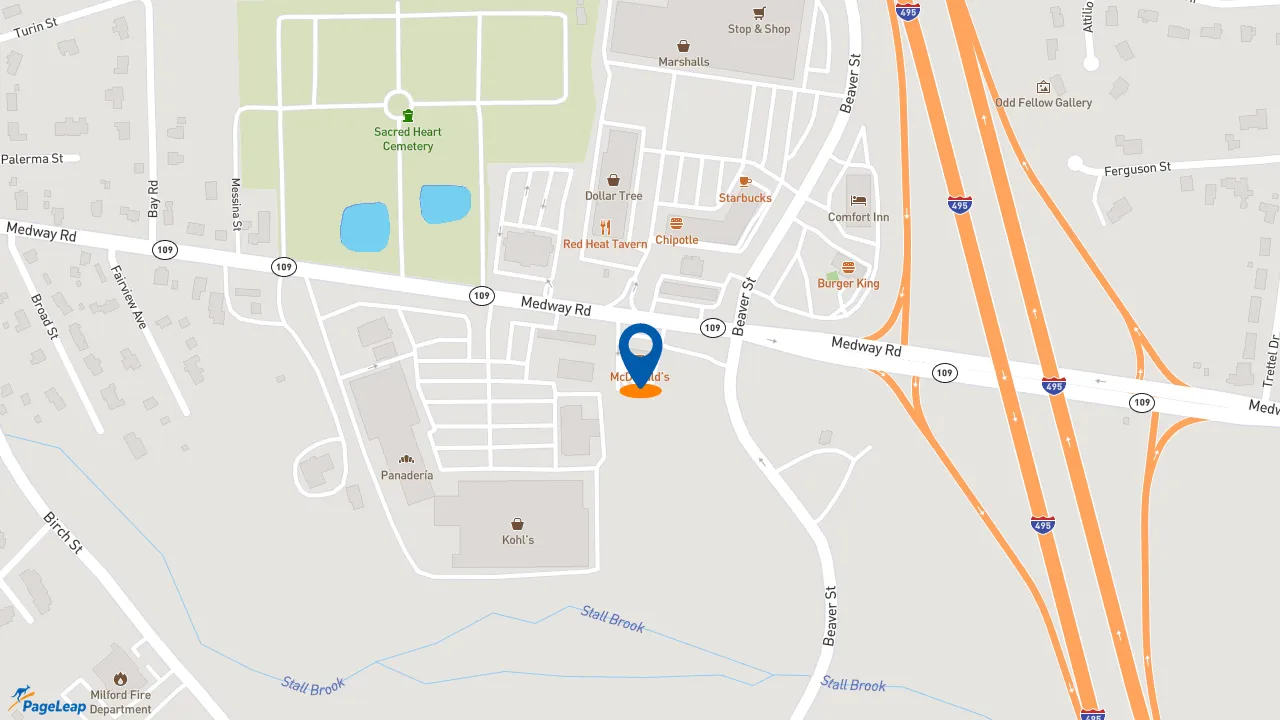 https://pageleap.com map showing location of McDonald&#039;s in Milford.