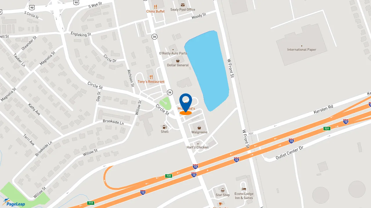 https://pageleap.com map showing location of McDonald&#039;s in Sealy.