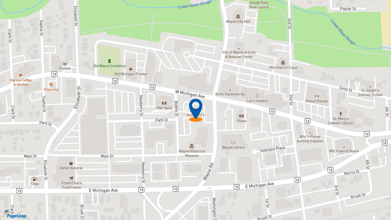 https://pageleap.com map showing location of McDonald&#039;s in Wayne.
