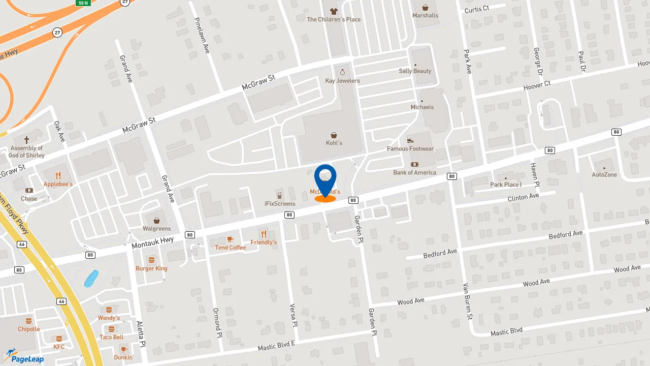 https://pageleap.com map showing location of McDonald&#039;s in Shirley.