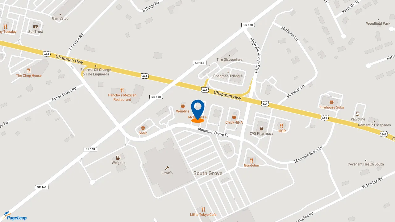 https://pageleap.com map showing location of McDonald&#039;s in Knoxville.
