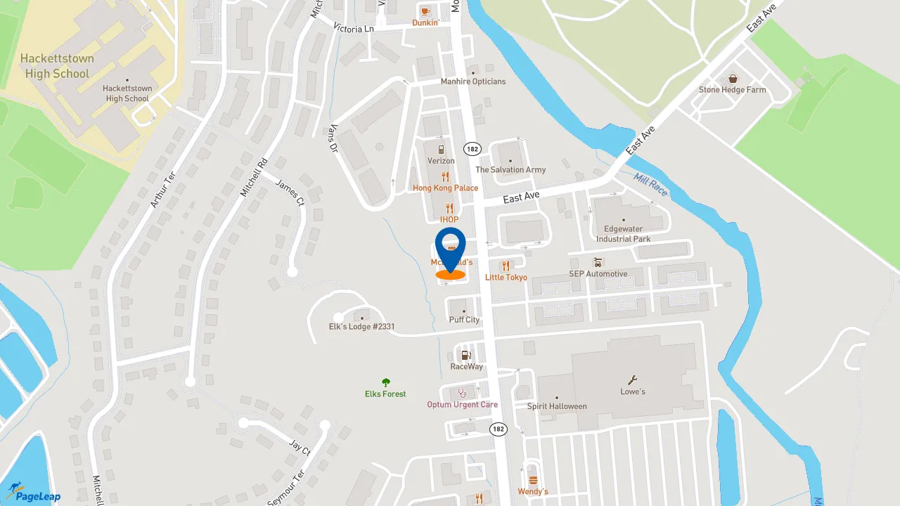 https://pageleap.com map showing location of McDonald&#039;s in Hackettstown.