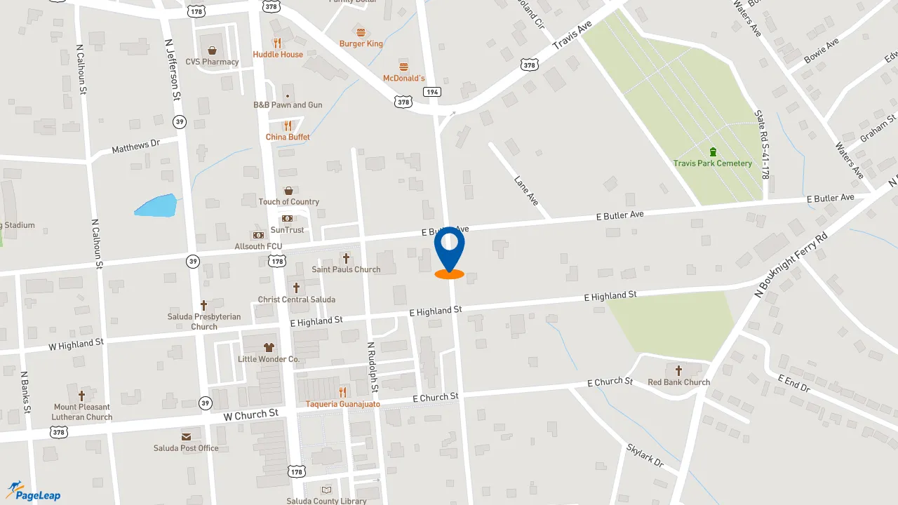 PageLeap.com map showing location of McDonald's in Saluda.