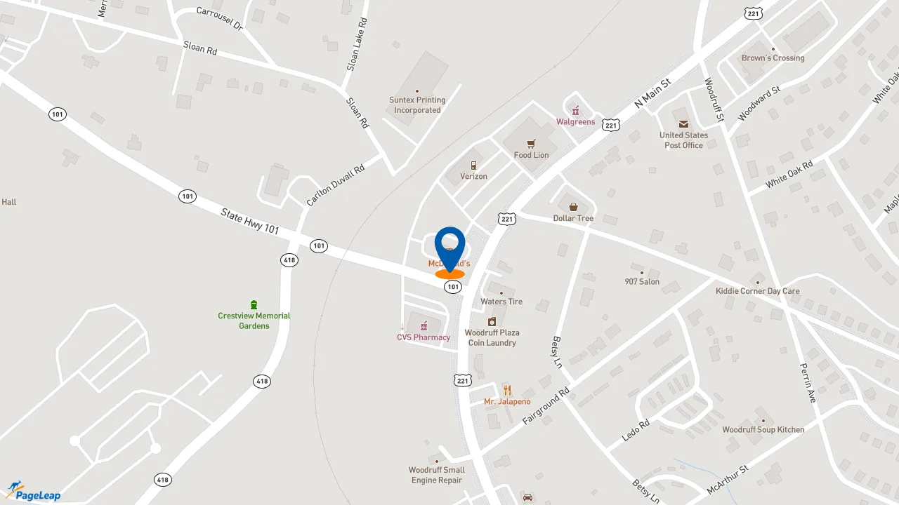 https://pageleap.com map showing location of McDonald&#039;s in Woodruff.