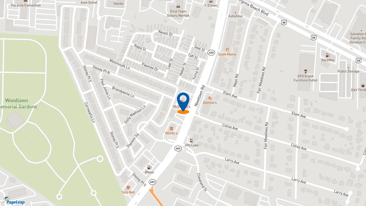 https://pageleap.com map showing location of McDonald&#039;s in Norfolk.