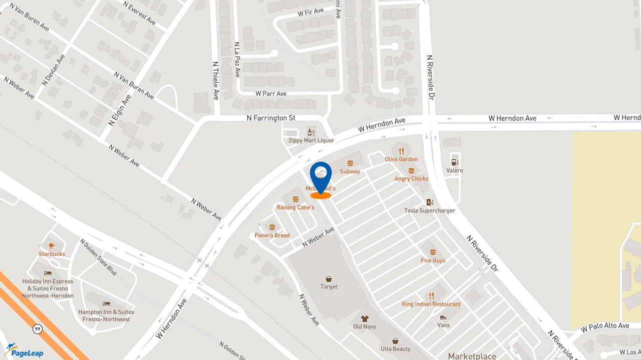 https://pageleap.com map showing location of McDonald&#039;s in Fresno.
