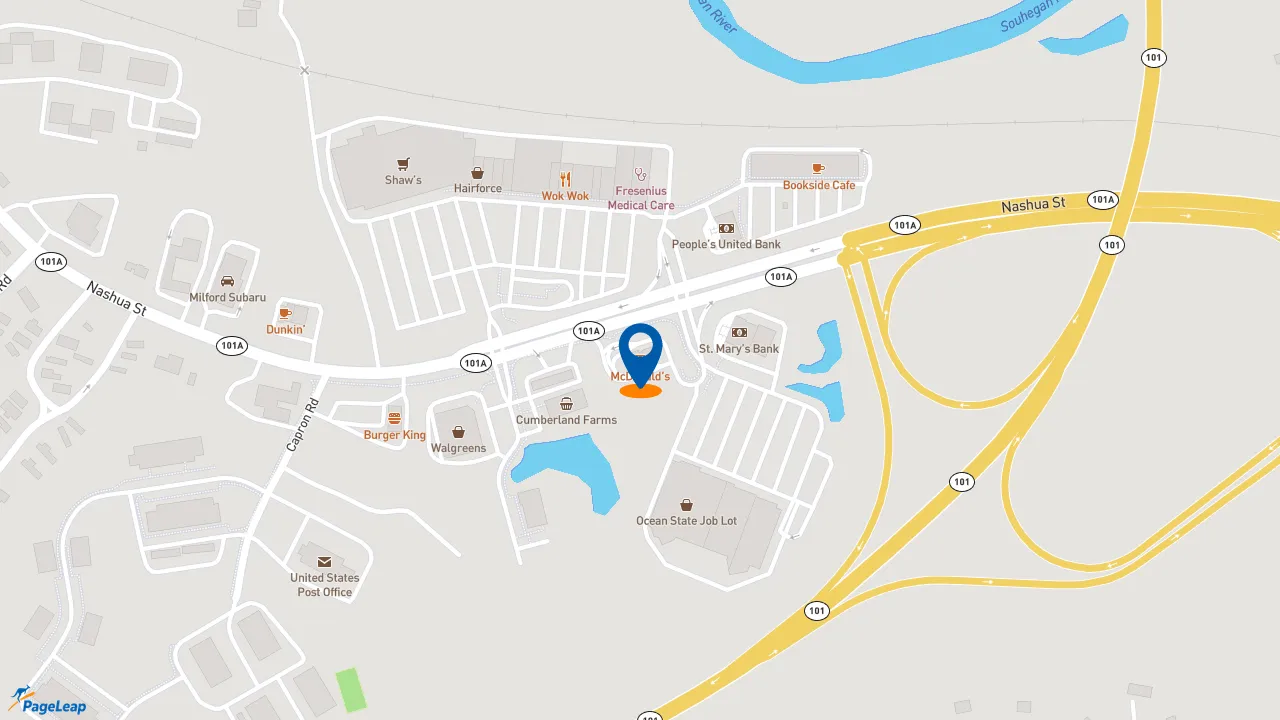 https://pageleap.com map showing location of McDonald&#039;s in Milford.