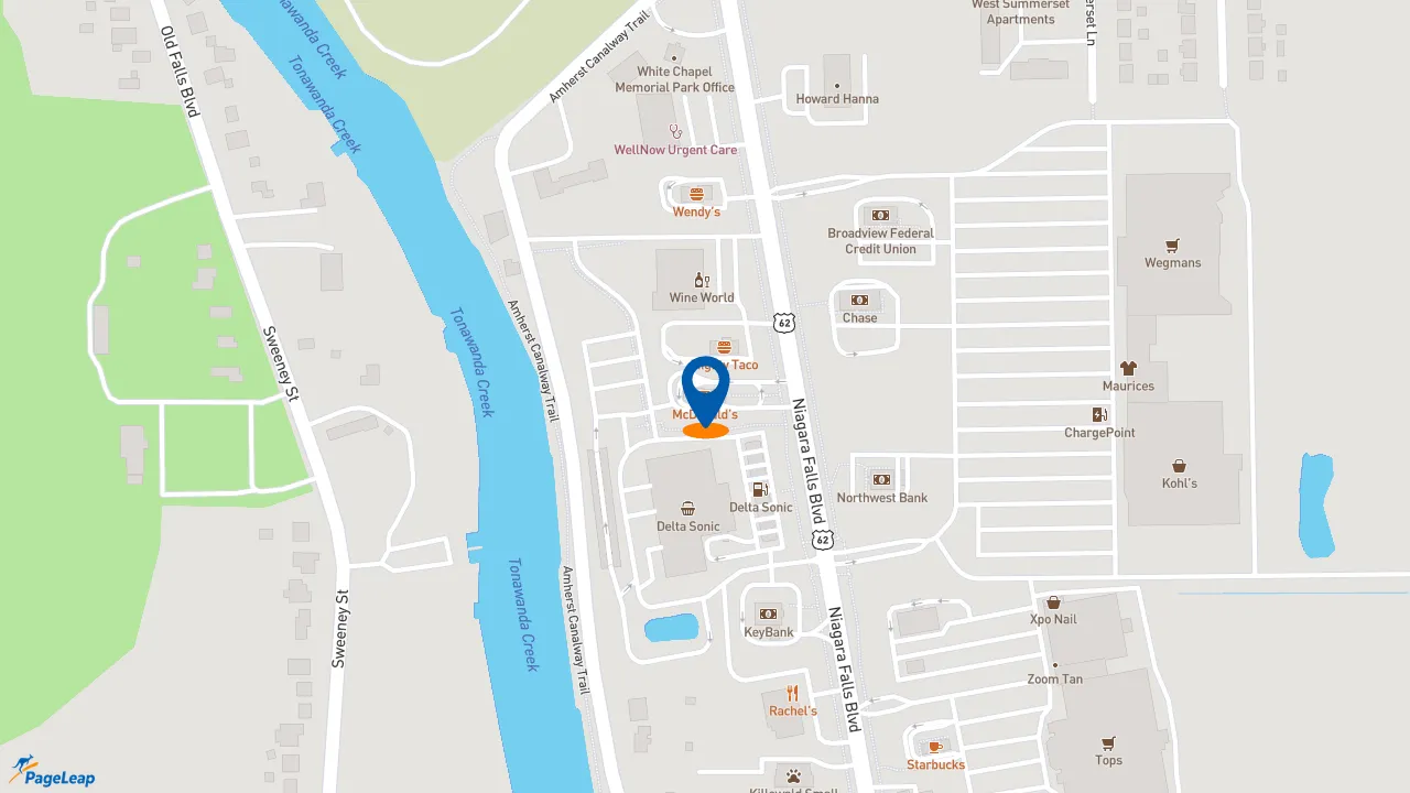 https://pageleap.com map showing location of McDonald&#039;s in Amherst.