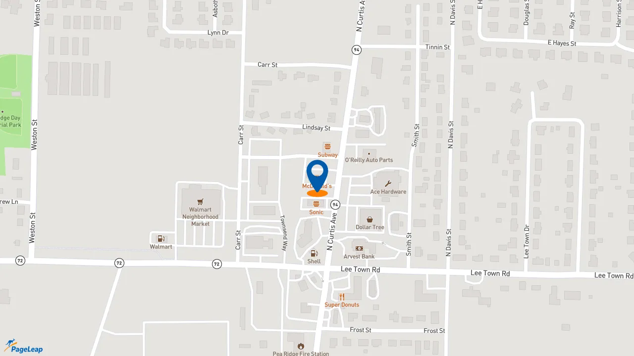 https://pageleap.com map showing location of McDonald&#039;s in Pea Ridge.