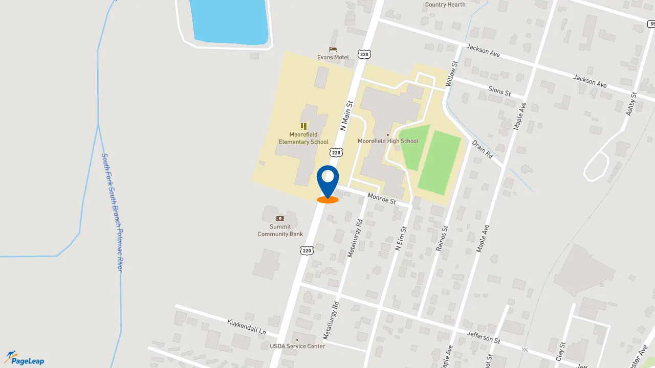 https://pageleap.com map showing location of McDonald&#039;s in Moorefield.