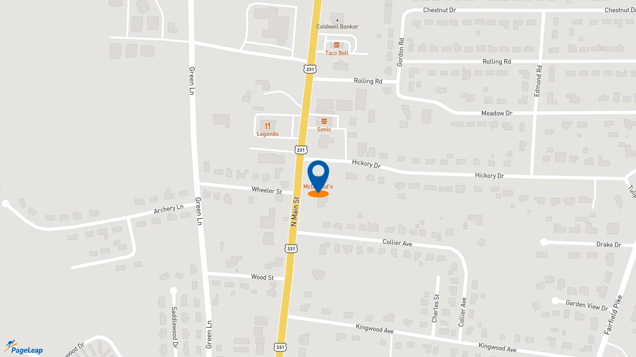 https://pageleap.com map showing location of McDonald&#039;s in Shelbyville.