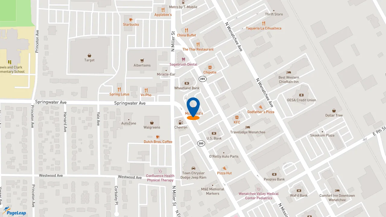 https://pageleap.com map showing location of McDonald&#039;s in Wenatchee.