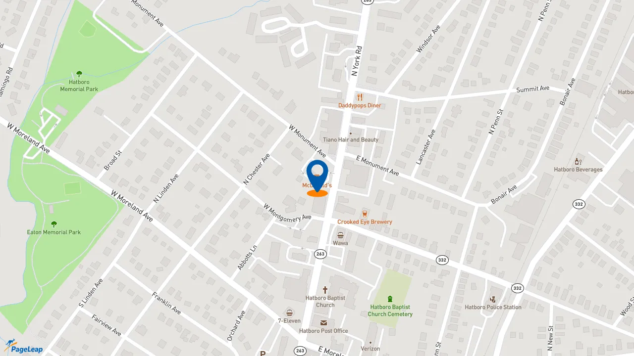 https://pageleap.com map showing location of McDonald&#039;s in Hatboro.