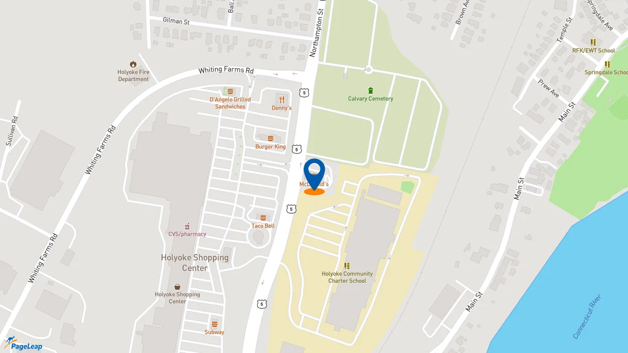 https://pageleap.com map showing location of McDonald&#039;s in Holyoke.