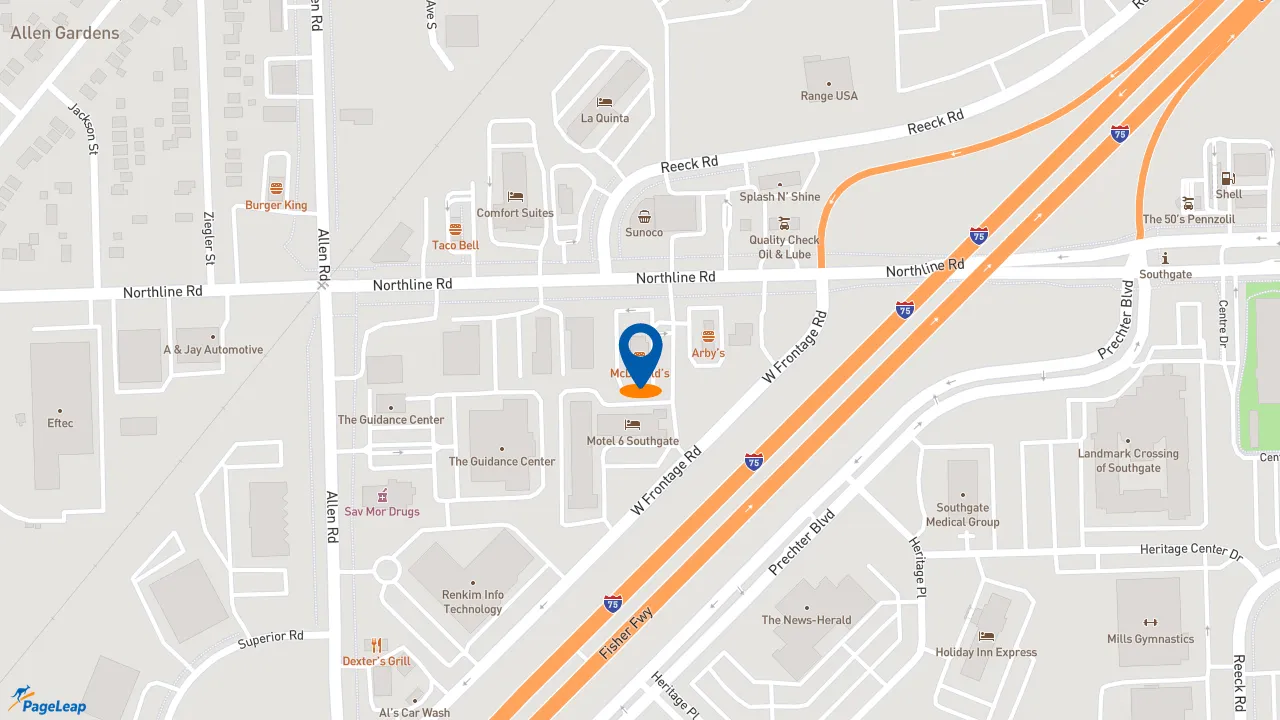 https://pageleap.com map showing location of McDonald&#039;s in Southgate.
