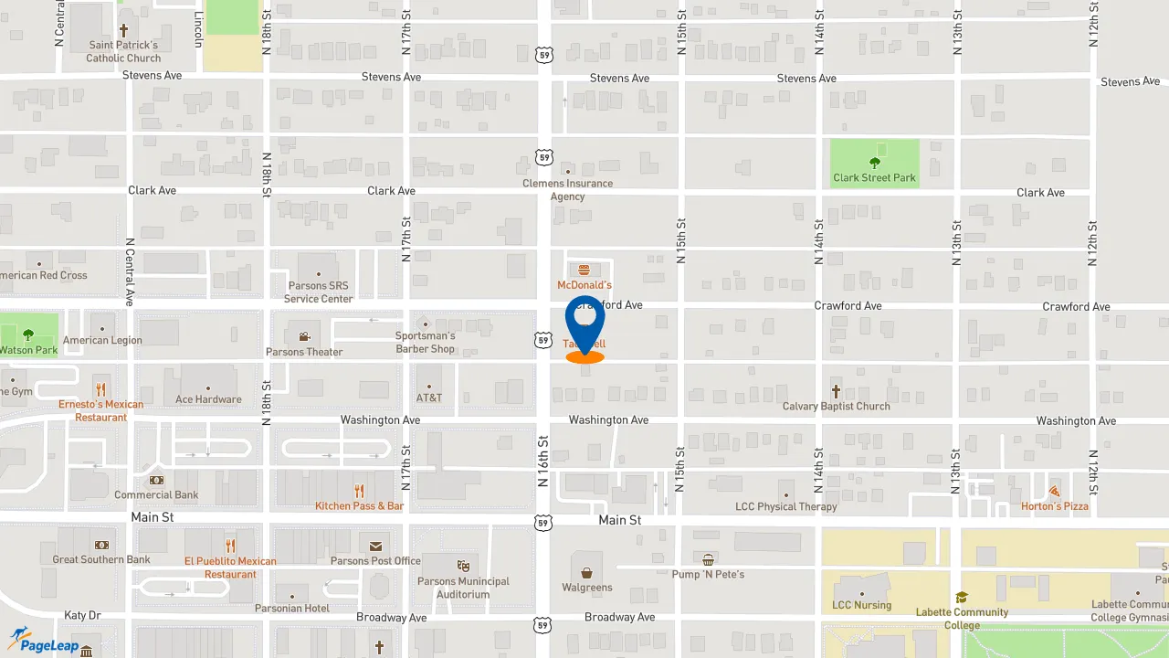 https://pageleap.com map showing location of McDonald&#039;s in Parsons.