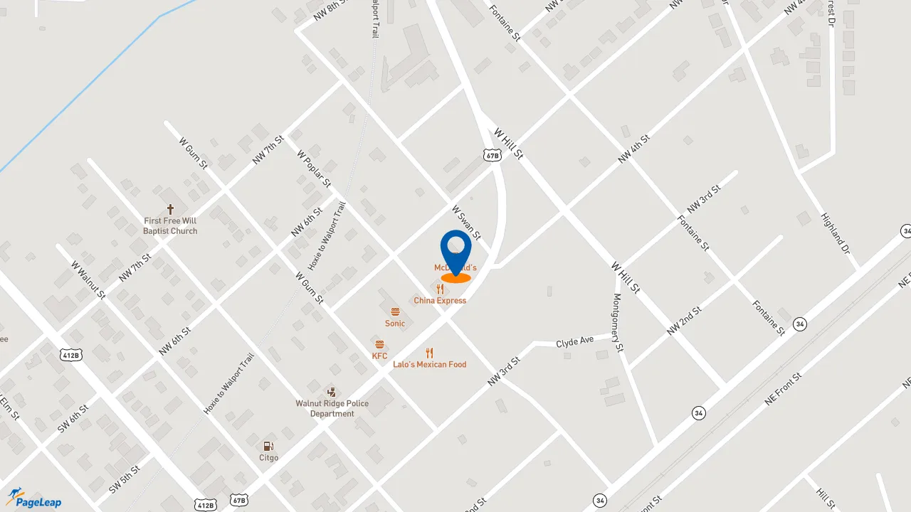 https://pageleap.com map showing location of McDonald&#039;s in Walnut Ridge.