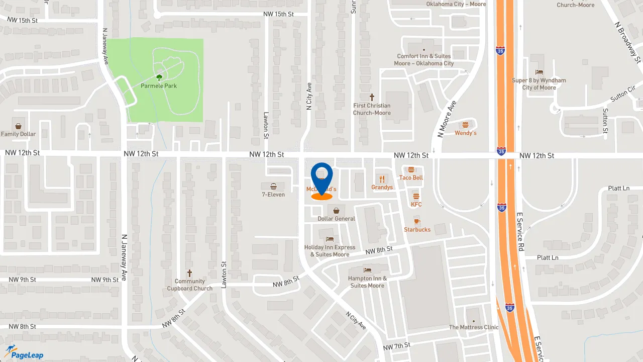 https://pageleap.com map showing location of McDonald&#039;s in Moore.