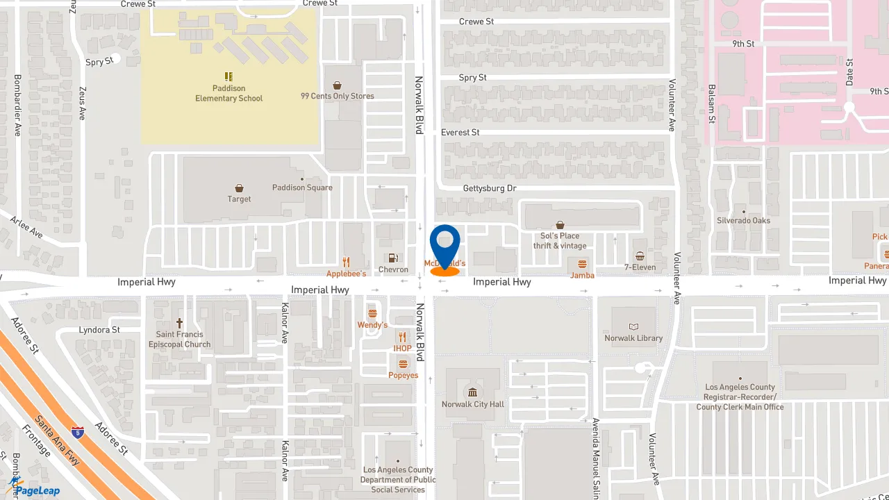 https://pageleap.com map showing location of McDonald&#039;s in Norwalk.