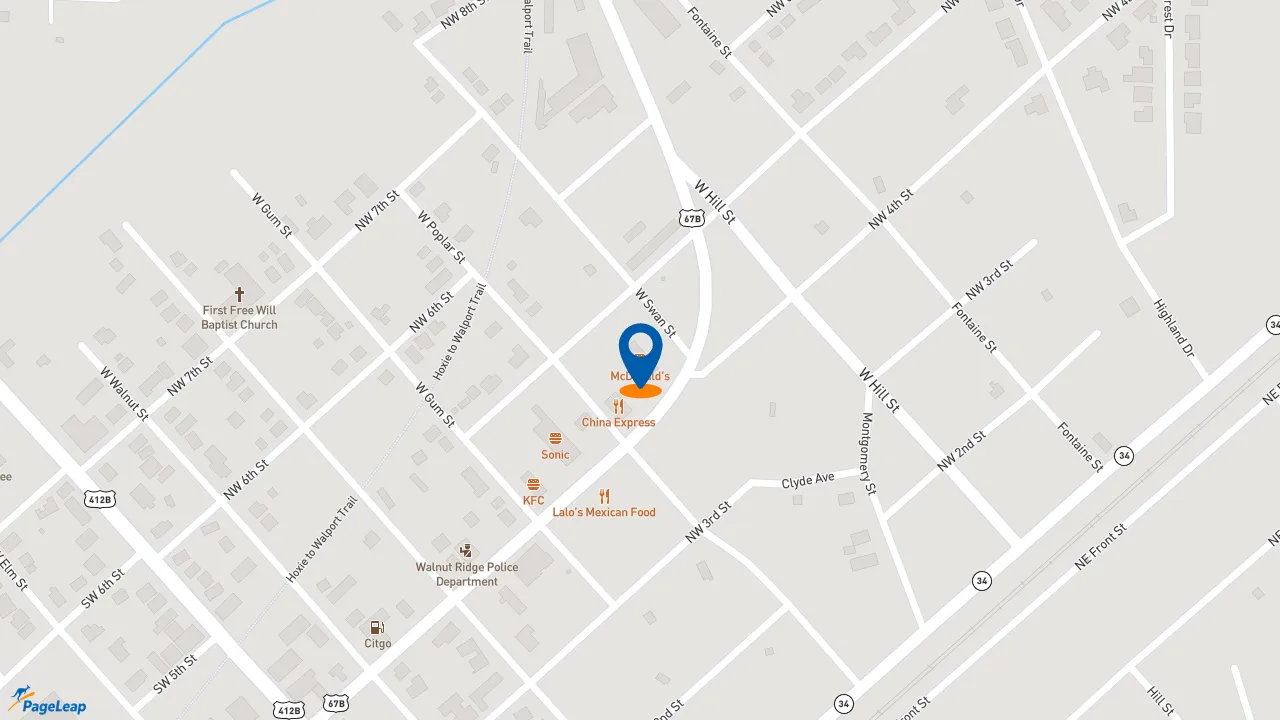 https://pageleap.com map showing location of McDonald&#039;s in Walnut Ridge.