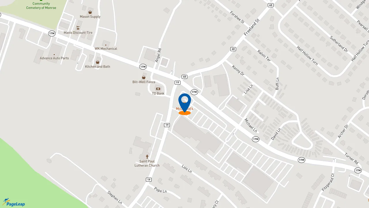 https://pageleap.com map showing location of McDonald&#039;s in Village Of Monroe.