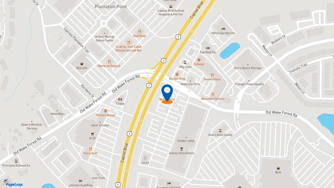 https://pageleap.com map showing location of McDonald&#039;s in Raleigh.