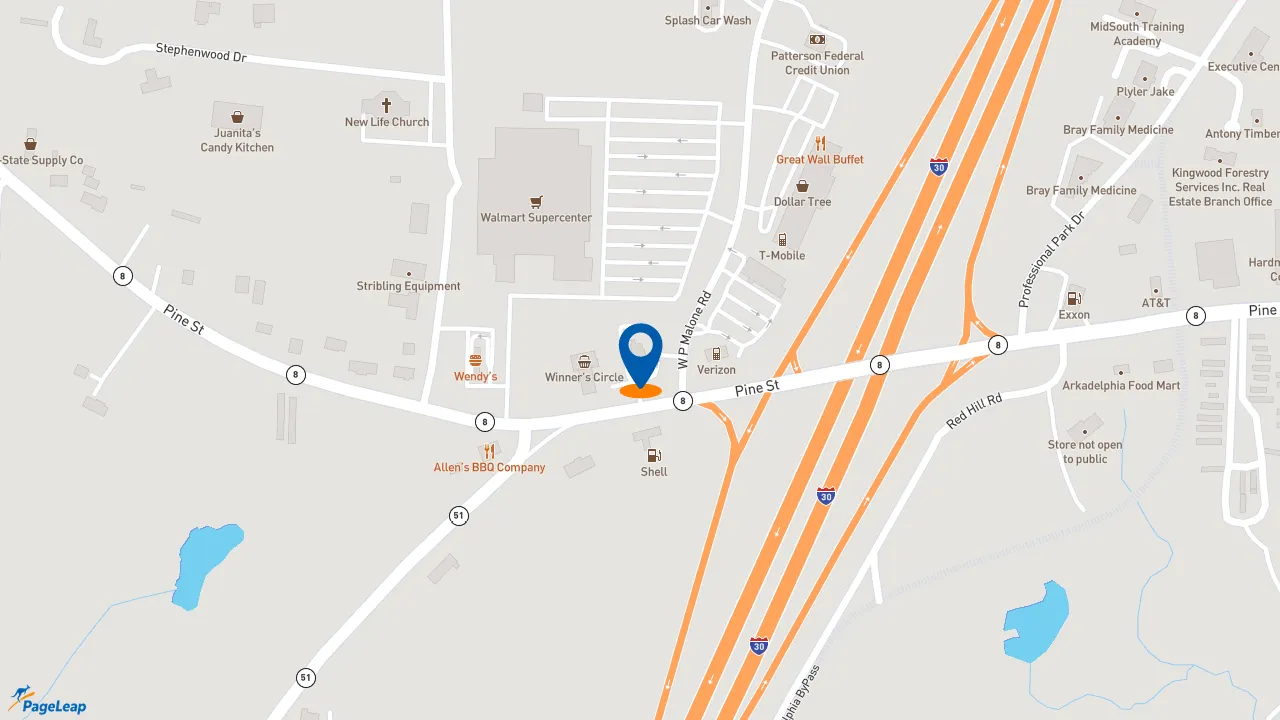 https://pageleap.com map showing location of McDonald&#039;s in Arkadelphia.