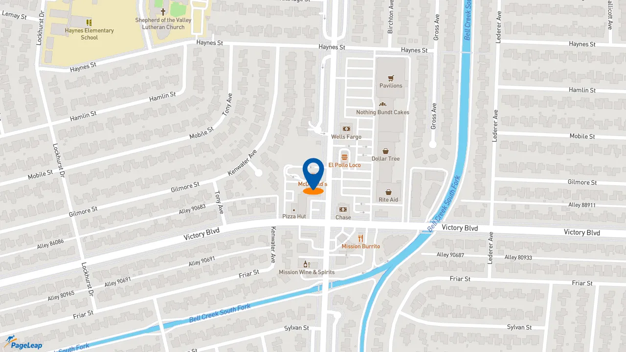 https://pageleap.com map showing location of McDonald&#039;s in West Hills.
