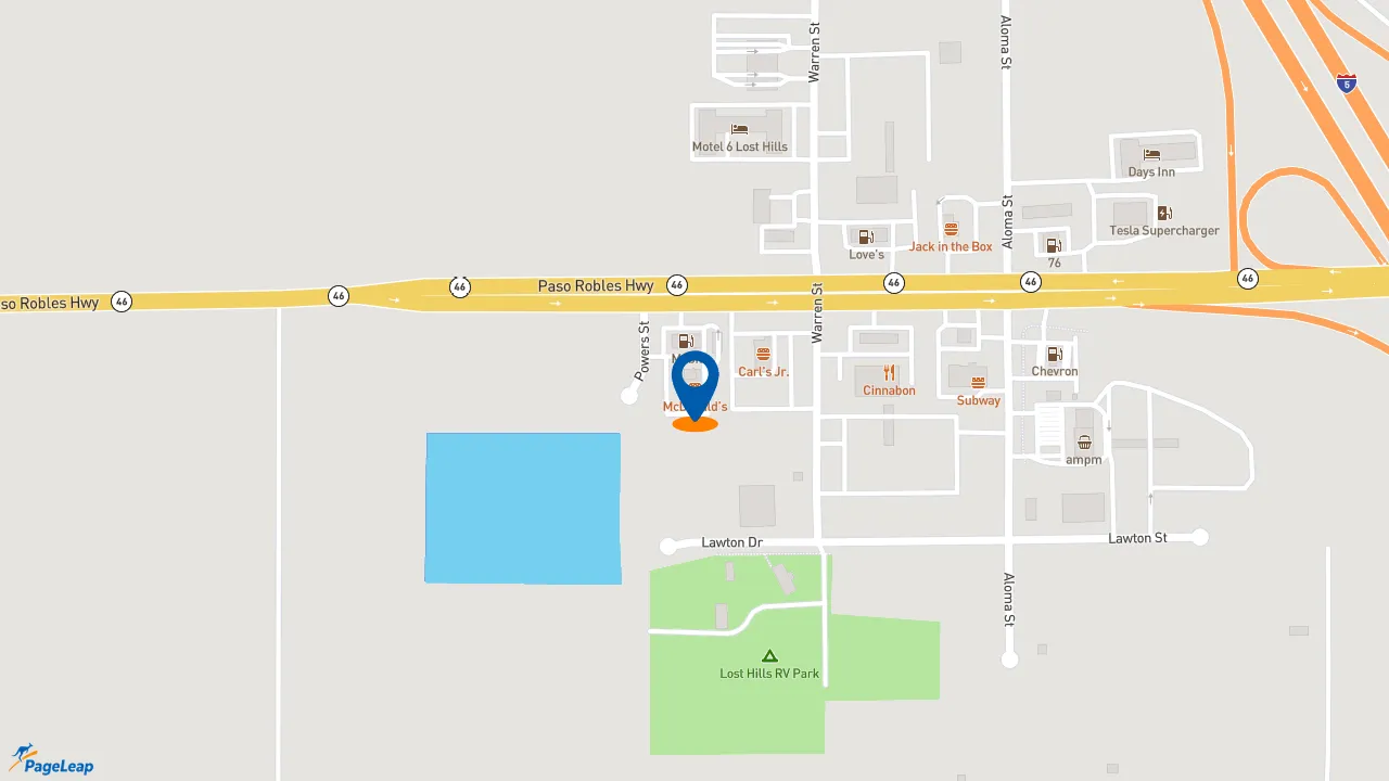 https://pageleap.com map showing location of McDonald&#039;s in Lost Hills.