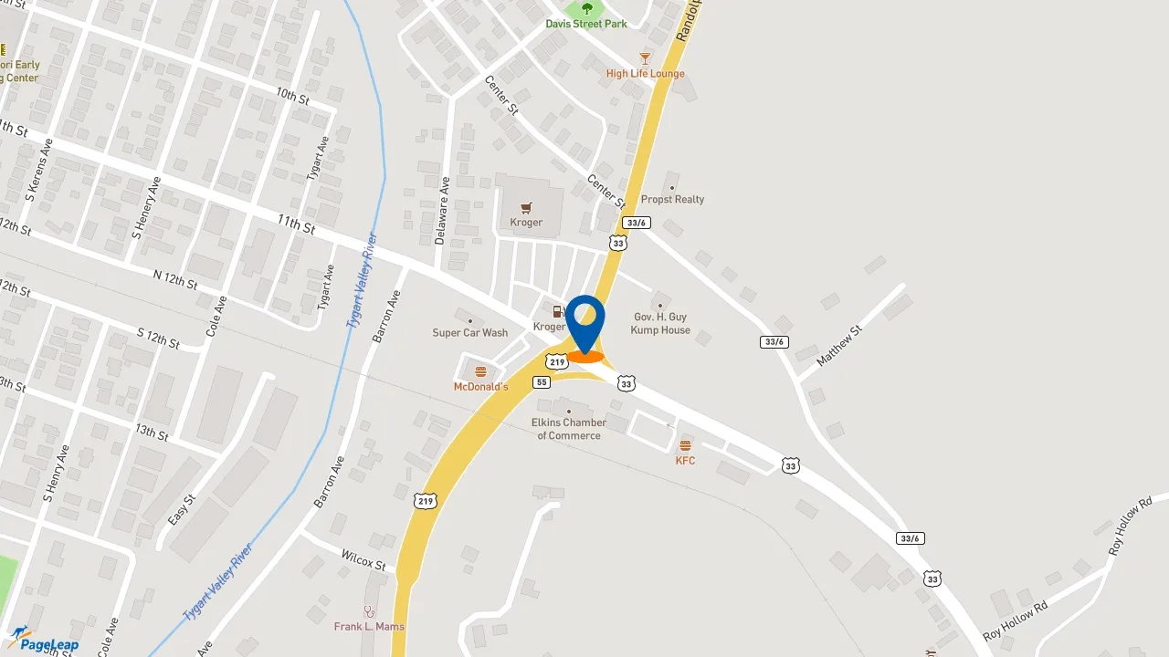 https://pageleap.com map showing location of McDonald&#039;s in Elkins.