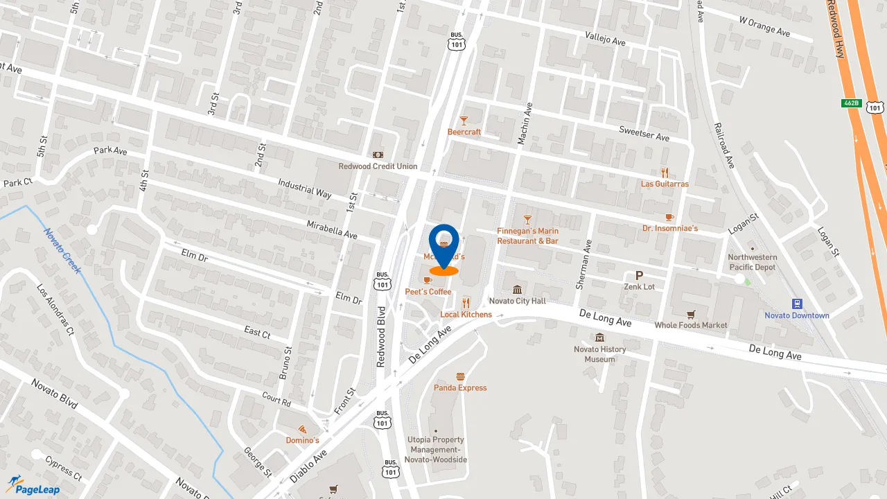 https://pageleap.com map showing location of McDonald&#039;s in Novato.