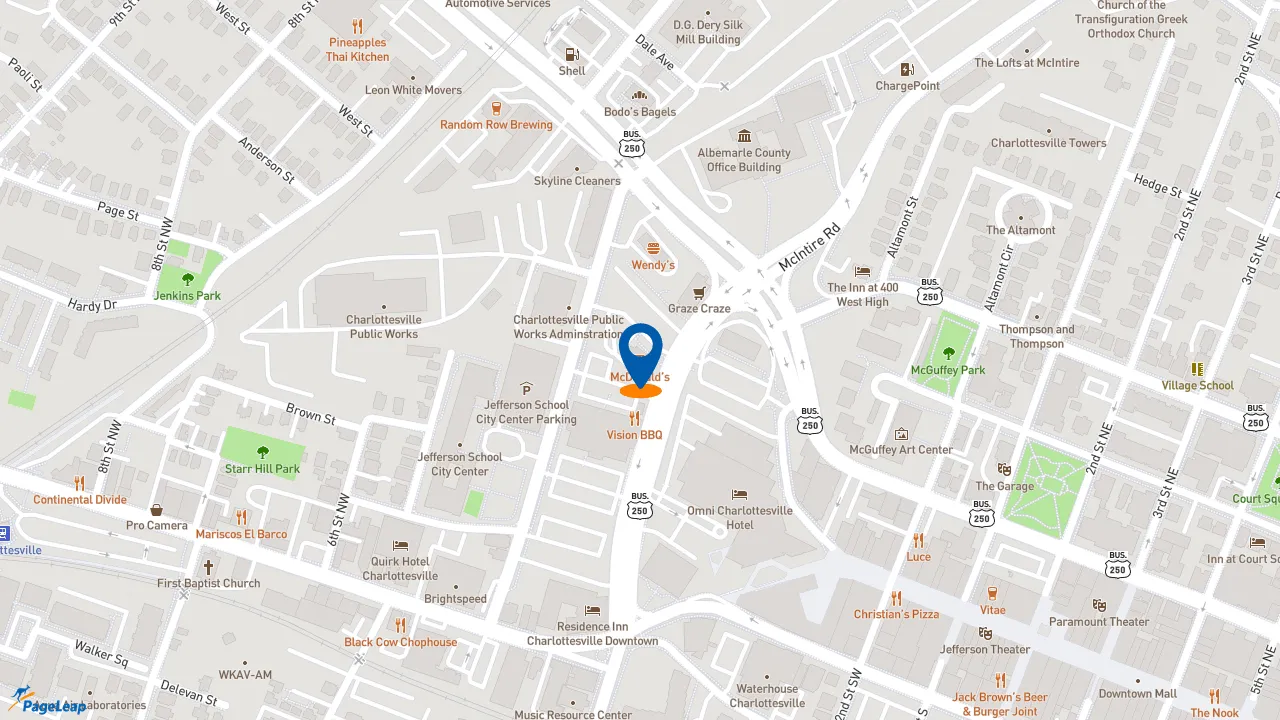 https://pageleap.com map showing location of McDonald&#039;s in Charlottesville.
