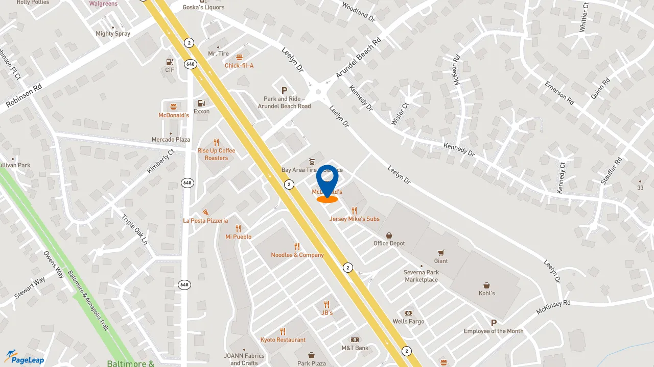 https://pageleap.com map showing location of McDonald&#039;s in Severna Park.
