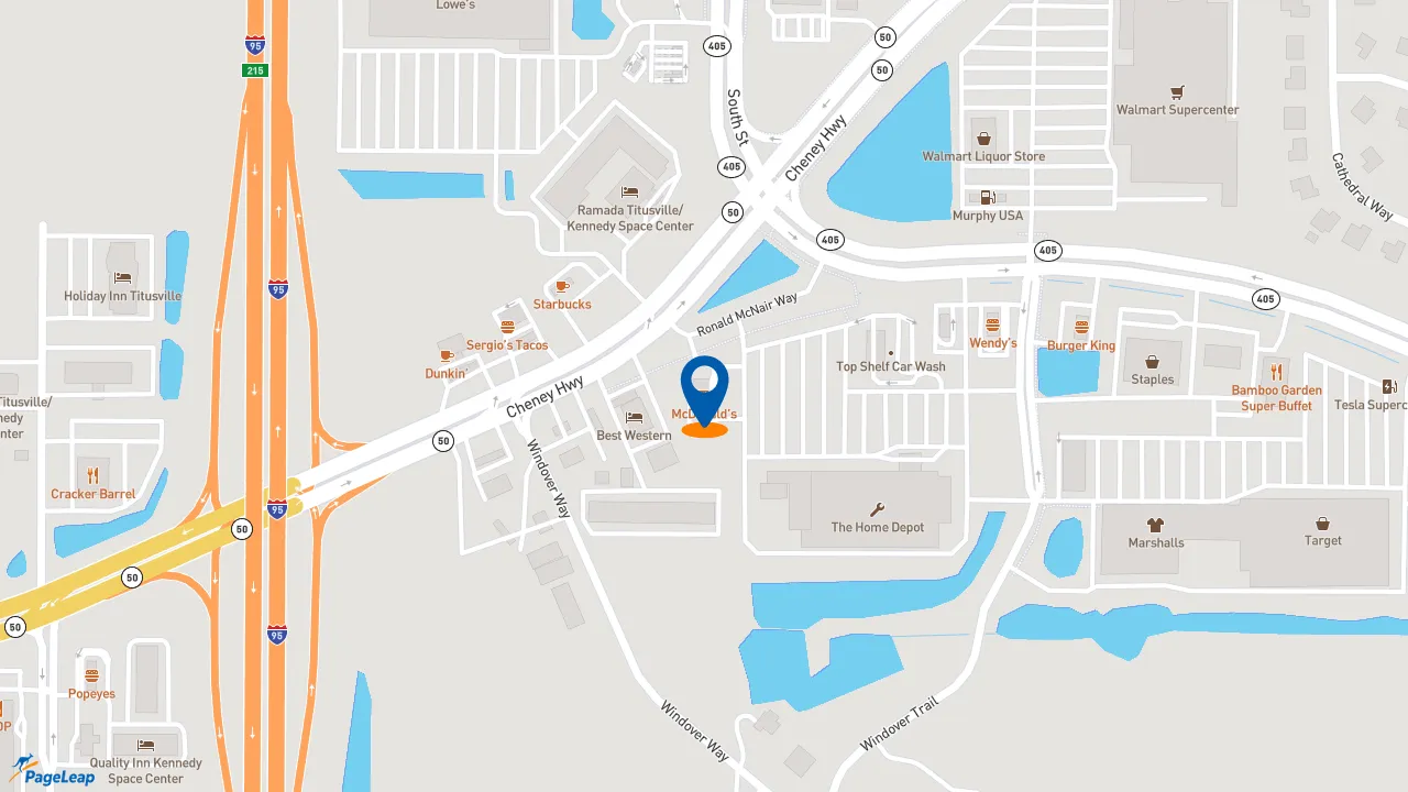 https://pageleap.com map showing location of McDonald&#039;s in Titusville.