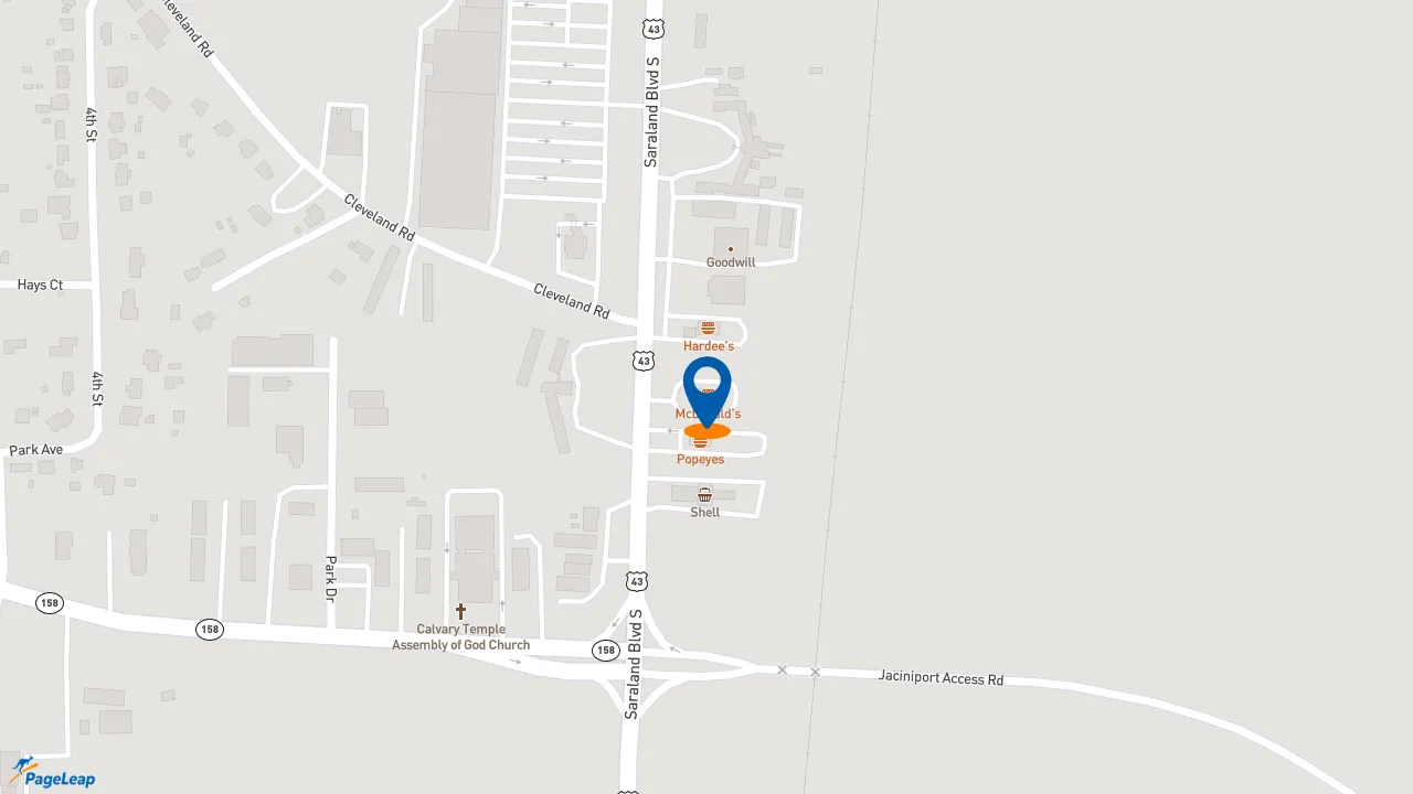 https://pageleap.com map showing location of McDonald&#039;s in Saraland.