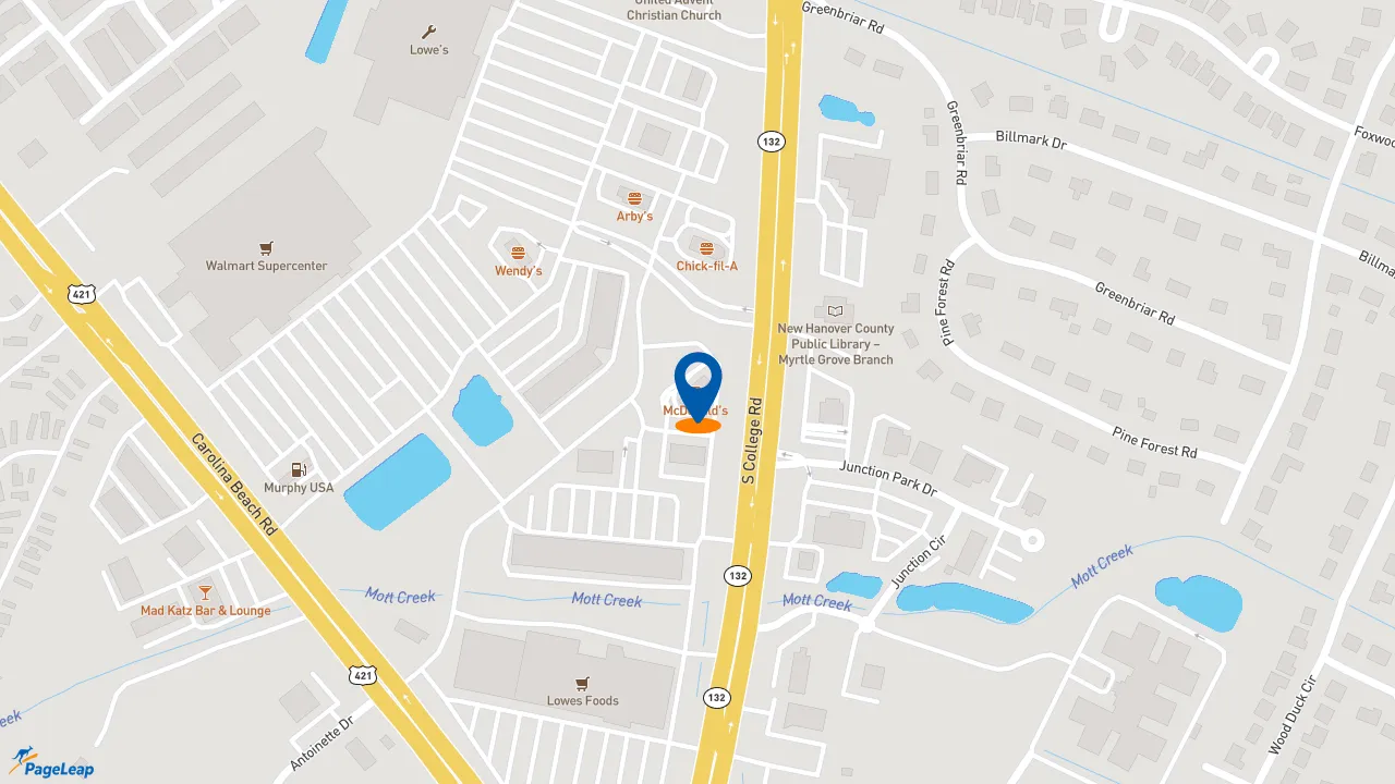 https://pageleap.com map showing location of McDonald&#039;s in Wilmington.