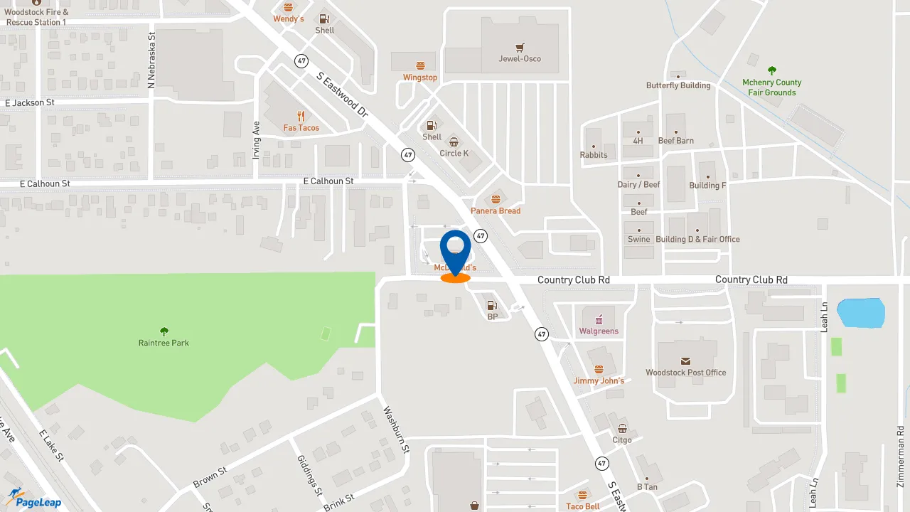 https://pageleap.com map showing location of McDonald&#039;s in Woodstock.