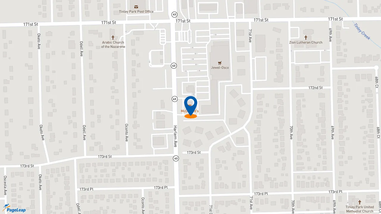 https://pageleap.com map showing location of McDonald&#039;s in Tinley Park.