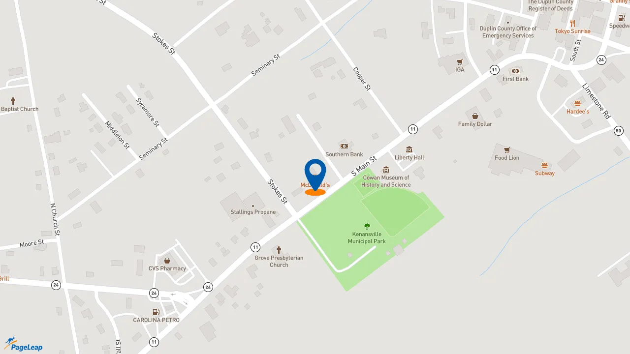 https://pageleap.com map showing location of McDonald&#039;s in Kenansville.