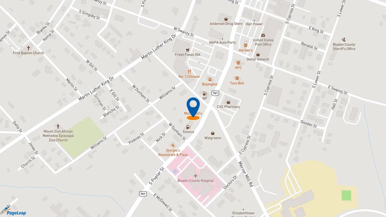 https://pageleap.com map showing location of McDonald&#039;s in Elizabethtown.
