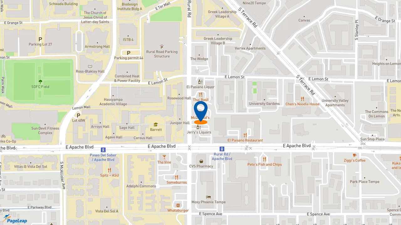 https://pageleap.com map showing location of McDonald&#039;s in Tempe.