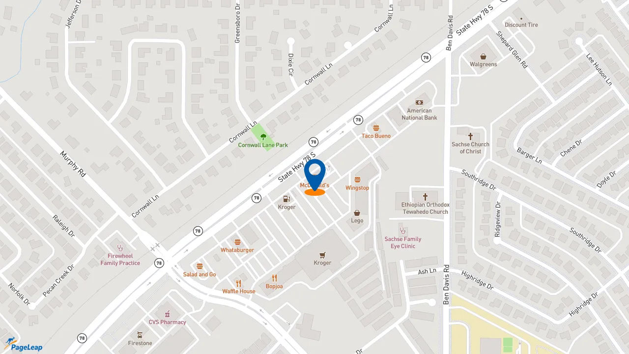 https://pageleap.com map showing location of McDonald&#039;s in Sachse.