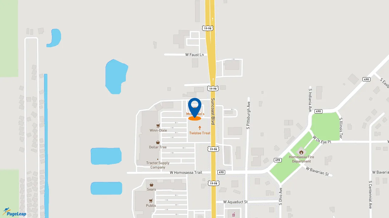 https://pageleap.com map showing location of McDonald&#039;s in Homosassa.