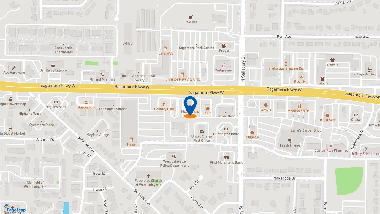 https://pageleap.com map showing location of McDonald&#039;s in West Lafayette.