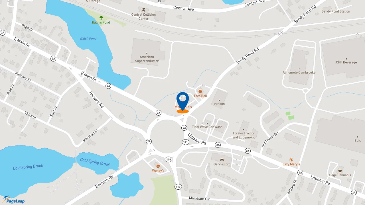 https://pageleap.com map showing location of McDonald&#039;s in Ayer.
