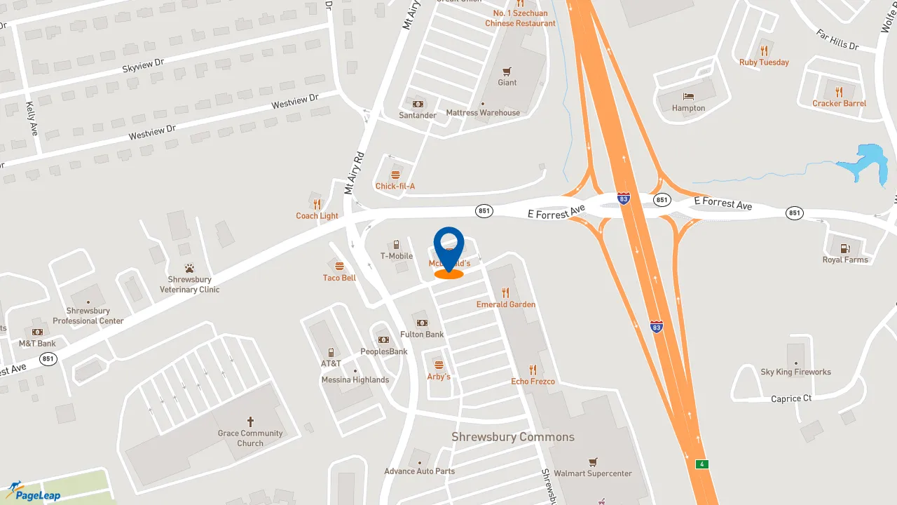 https://pageleap.com map showing location of McDonald&#039;s in Shrewsbury.